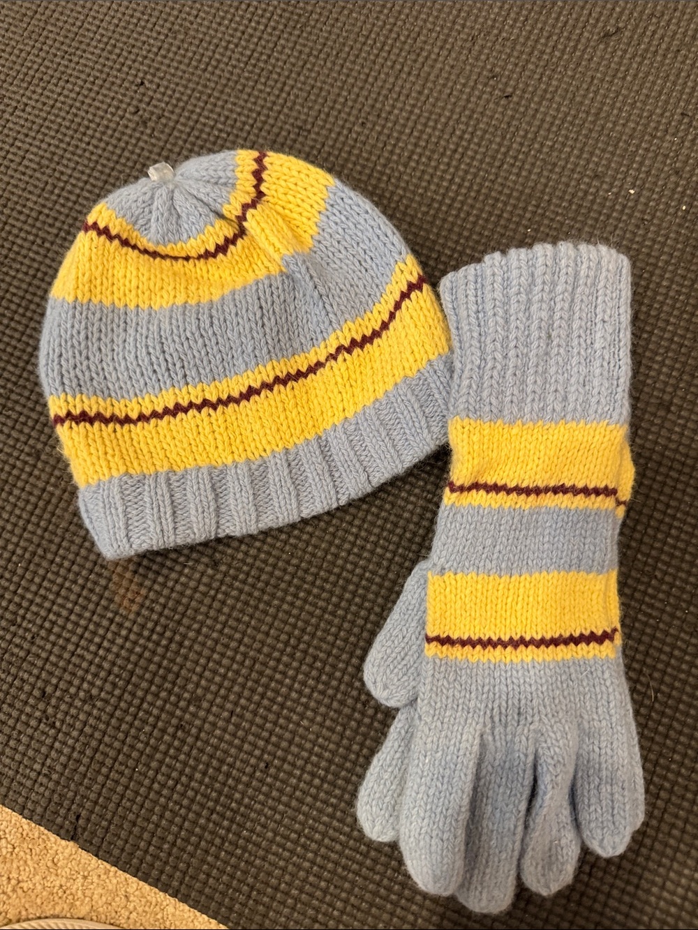 Kids Grey and Yellow Stripe Beanie & Gloves Set